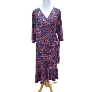 Kiyonna Signature Print Wrap Dress Blue Red Paisley Jersey Midi V-neck Sz 3X